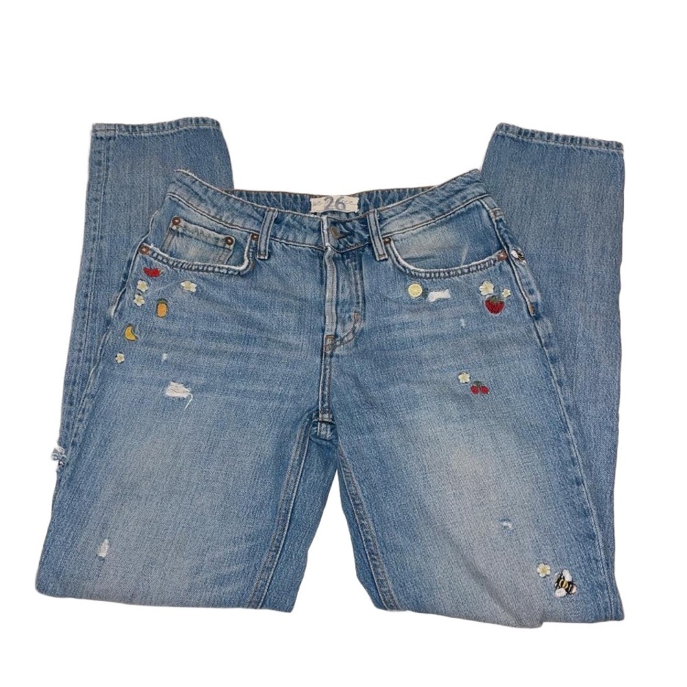 Free People Blue Boyfriend Jeans with Embroidered Accents